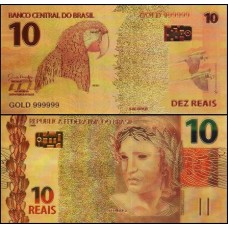 Brasil BR-3 Fe 10 Reais Folheada a Ouro 24k Color Fantasia