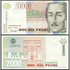 Colômbia P-445b Fe 2.000 Pesos Oro 1997 General Santander