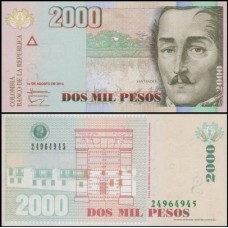Colômbia P-457aa Fe 2.000 Pesos 2014 Tamanho Reduzido - Marca Tátil