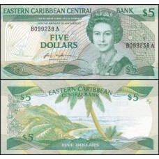 E C S Caribe P-18a Fe 5 Dollars 1985 Antígua Rainha ♛