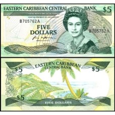 E C S Caribe P-22a.1 Fe 5 Dollars 1988 Antígua Rainha ♛