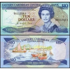 E C S Caribe P-23a.2 Fe 10 Dollars 1985 Antígua Rainha ♛