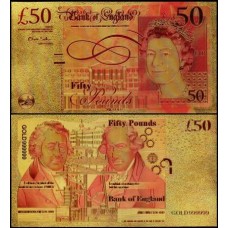 Great Britain Inglaterra GB-3c Fe 50 Pounds Folheada a Ouro 24K Color Fantasia Rainha ♛