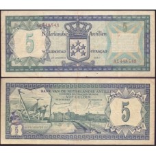 Netherlands Antilles Antilhas Holandesas P-8a Mbc 5 Gulden 1967