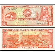 Peru P-93a Fe 10 Soles de Oro 1968 Inca Garcilaso de La Vega