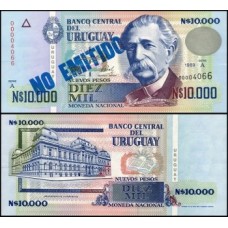 Uruguay Uruguai P-68Ba.1 Fe 10.000 Novos Pesos 1989 Carimbo Azul