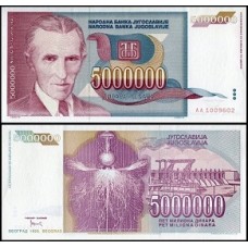 Yugoslavia Iugoslávia P-121a Fe 5.000.000 Dinara 1993 Nikola Tesla