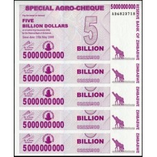Zimbabwe P-61 Fe 5 Bilhões Dollars 2008 Agro Check Lote C/5 Cédulas