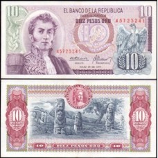 Colômbia P-407f.1 Sob 10 Pesos Oro 1974 Antonio Nariño