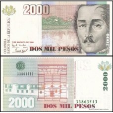 Colômbia P-445d Fe 2.000 Pesos Oro 1998 General Santander