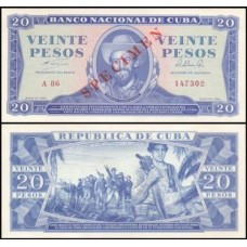 Cuba P-97bs Fe 20 Pesos 1964 Specimen Camilo Cienfuegos Cuba P-97bs Fe 20 Pesos 1964 Specimen Camilo Cienfuegos