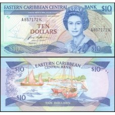 E C S Caribe P-23k.1 Fe 10 Dollars 1985 São Cristóvão Rainha ♛