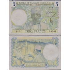 F W A French West Africa P-21a.8 Mbc/s 5 Francs 1939