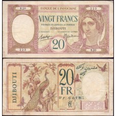 French Somaliland Somalilândia Francesa P-7b Mbc 20 Francs 1926