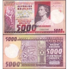 Madagascar P-66a Sob 5.000 Francs = 1.000 Ariary ND (1974)