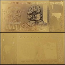 Zimbabwe ZW-5 Fe 100 Trilhões Dollars Folheada a Ouro 24k Fantasia 