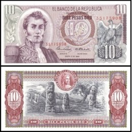 Colômbia P-407c.3 S/Fe 10 Pesos Oro 1969 Antonio Nariño 