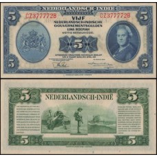 Netherlands Indies Índias Holandesas P-113a S/Fe 5 Gulden 1943 Rainha Guilhermina