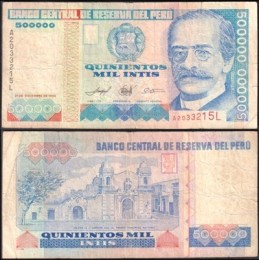 Peru P-147a Mbc 500.000 Intis 1989 Ricardo Palma
