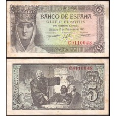Spain Espanha P-127a Mbc 5 Pesetas 1943 Rainha Isabel I de Castela