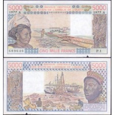 W A S Costa do Marfim P-108Aa Bc 5.000 Francs 1977